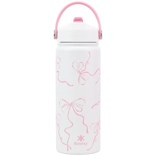 KEWIXY 18 oz Insulated Water Bottle with Straw, Leak Proof, Cup Holder Fit, Stainless Steel with Flip Straw and Handle, Reusable, Metal, for Travel, Gym and School (Breeze Pink Bow)
