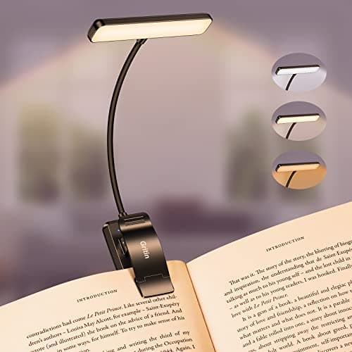 Gritin 19 LED Rechargeable Book Light for Reading in Bed with Memory Function- Eye Caring 3 Color Temperatures,Stepless Dimming Brightness,80 Hrs Runtime Lightweight Clip on Light for Book Lo