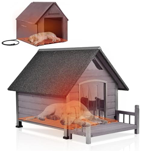 Heated Outdoor Dog House Large Weatherproof Dog Kennel with Heating Pad Elevated Floor and Porch Anti-Bite Design Puppy Shelter for Small Medium Dogs (Grey)