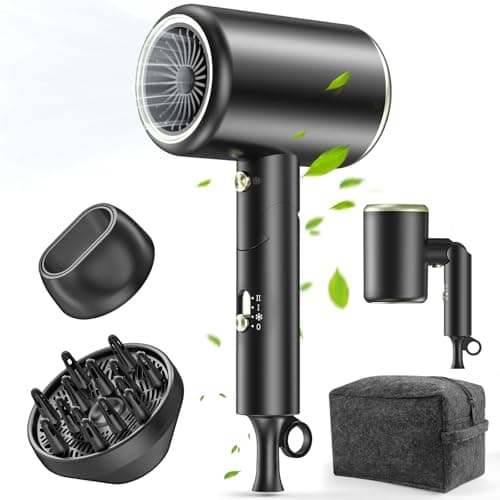 Hair Dryer, 150000RPM Ionic Blow Dryer - Fast Drying, Low Noise, Foldable Portable with Diffuser and Nozzle, Compact Mini for Women and Men, Home and Travel （Black）