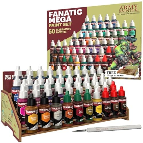 The Army Painter Warpaints Fanatic Mega Set, 50 Paints: 36 acrylic colours, 4 Skin Tones, 3 Metallics, 3 Effects, 4 Washes, 1 Free Paint Station & Brush, For Miniature Painting
